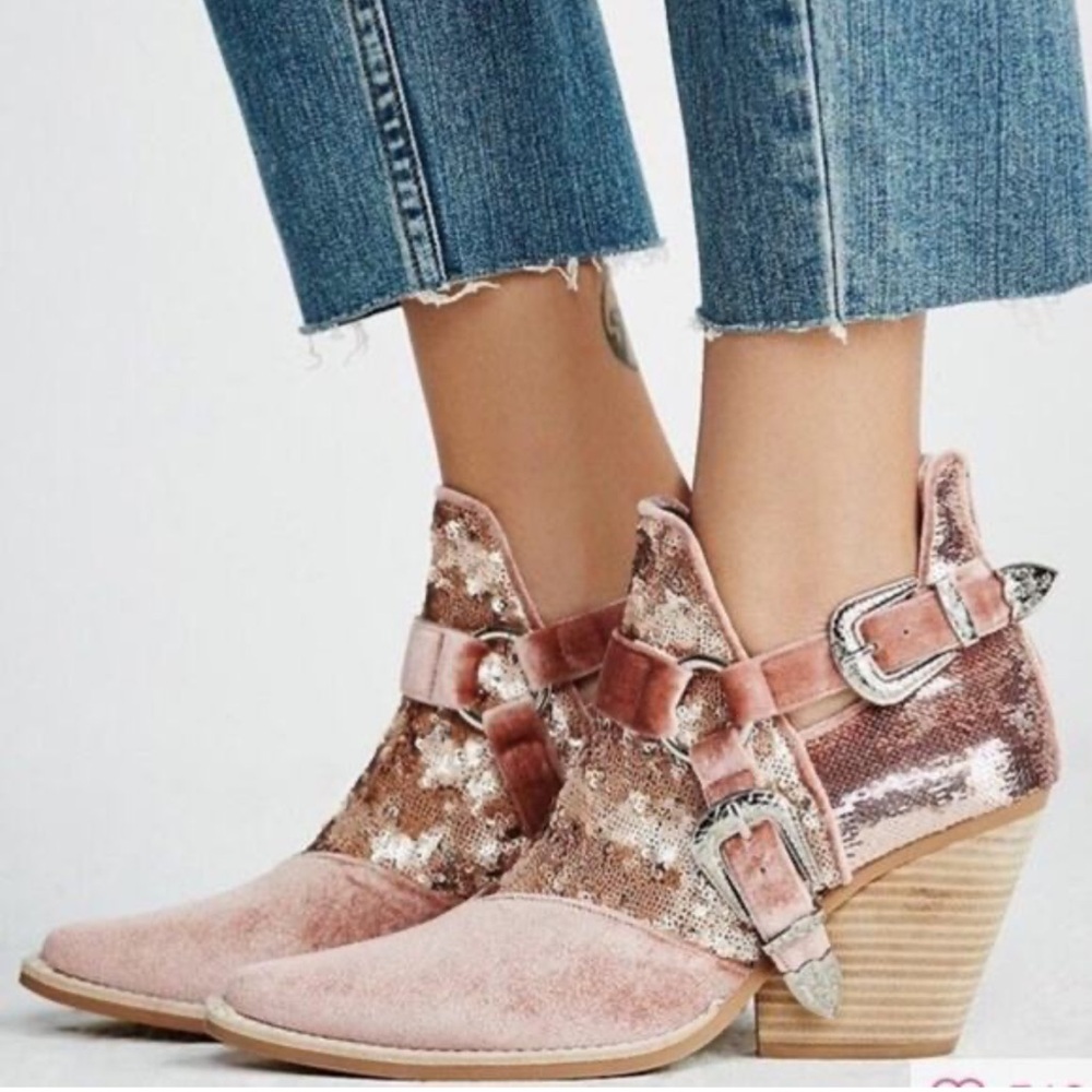 Free People Rose Pink Sequin Velvet Ankle Heeled Boots